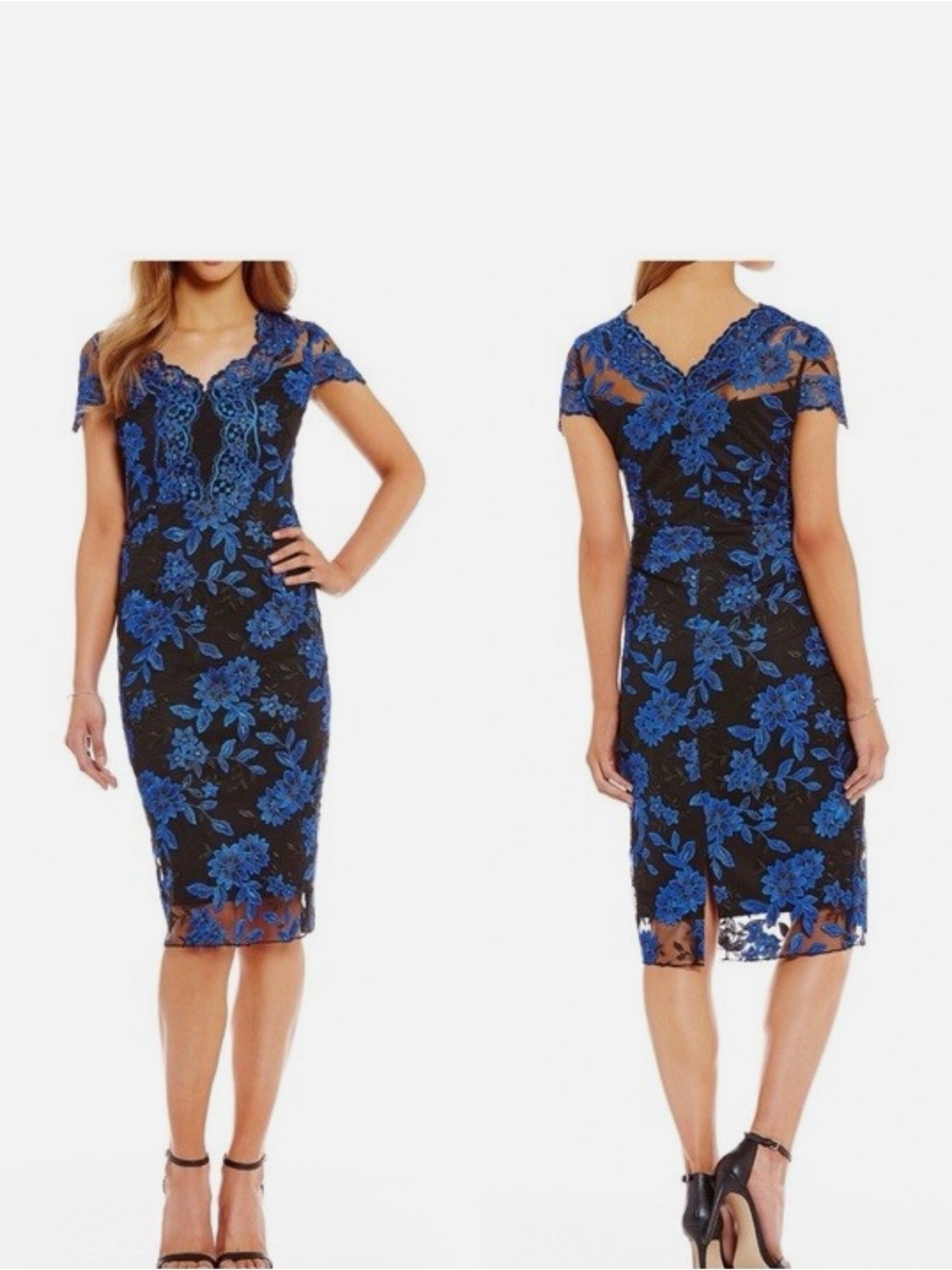 Royal Blue Floral Lace Midi Dress - Elegant Women's Cocktail Dress